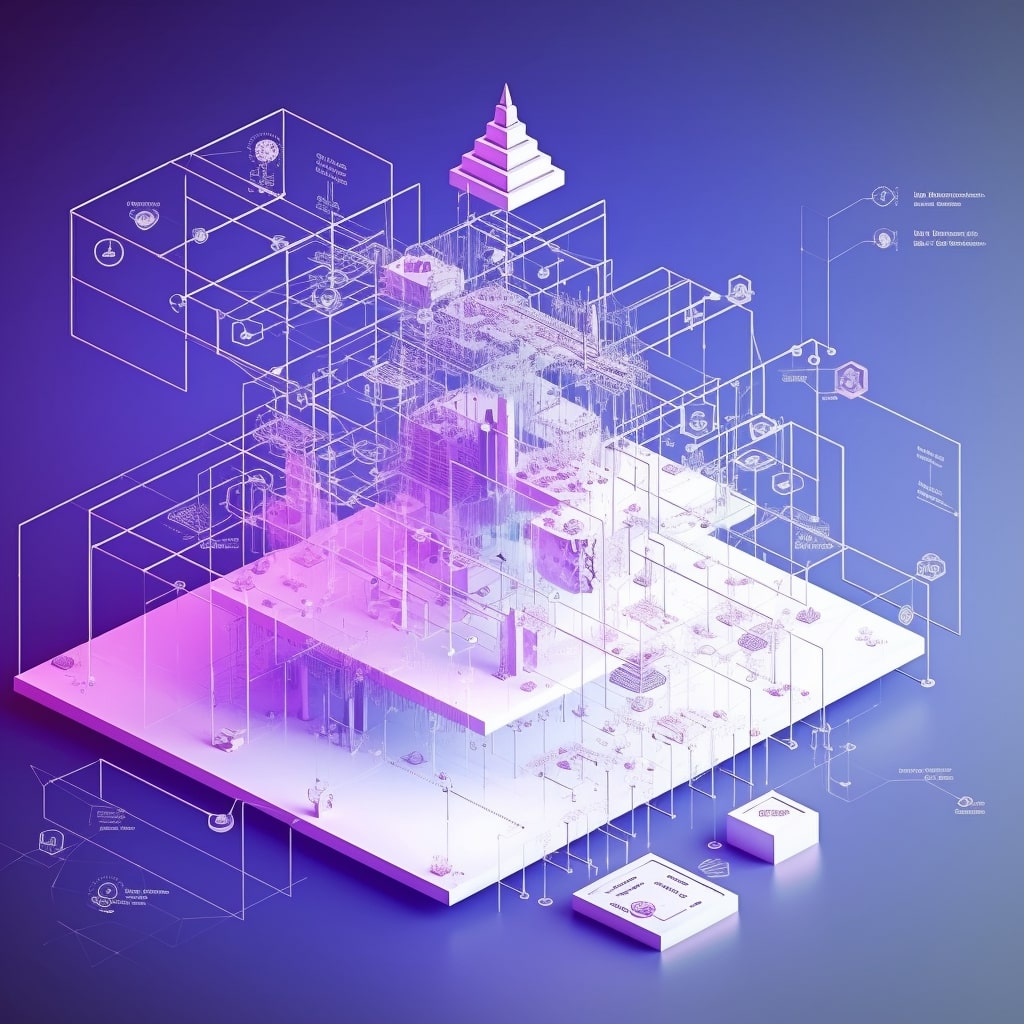blue, pink, and purple blocks, connected through lines. representing processes in artificial intelligence