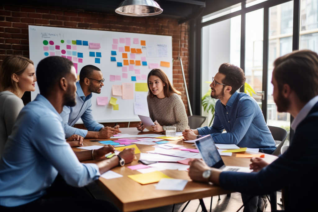 Employees sitting at a table, having a meeting, notes on table and on whiteboard in background