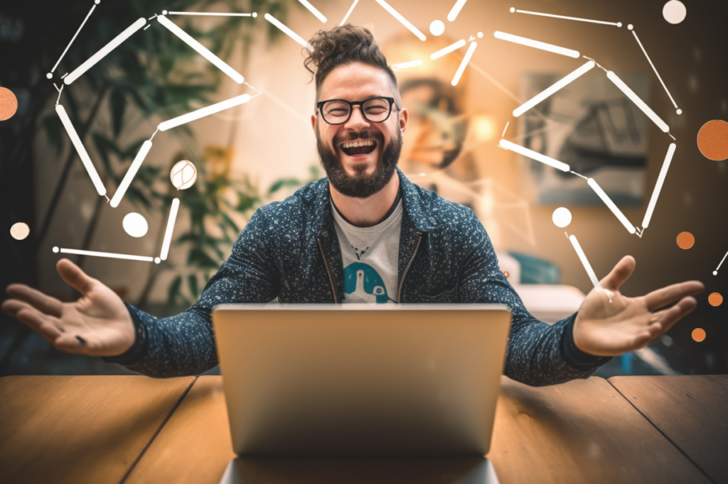 smiling man in front of laptop